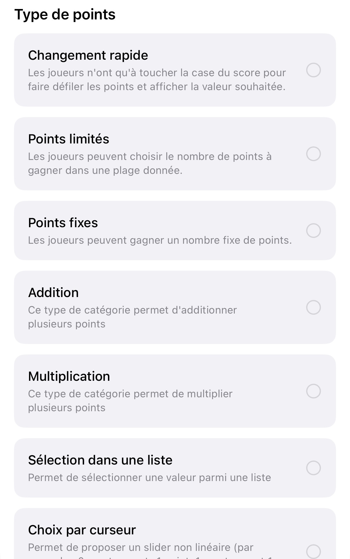 Types de saisie de points